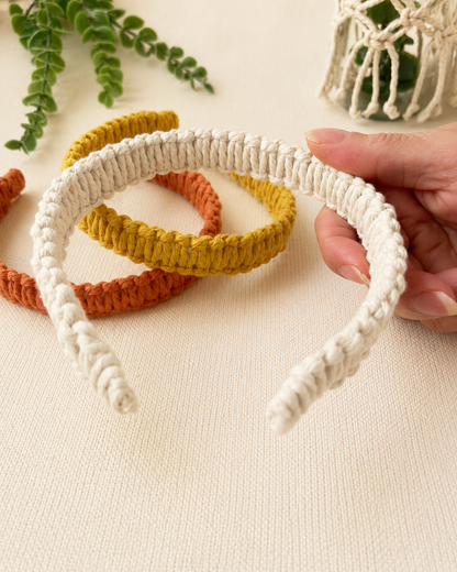 Handmade macrame square knot headbands available in multiple colours including off white, mustard and terracotta.