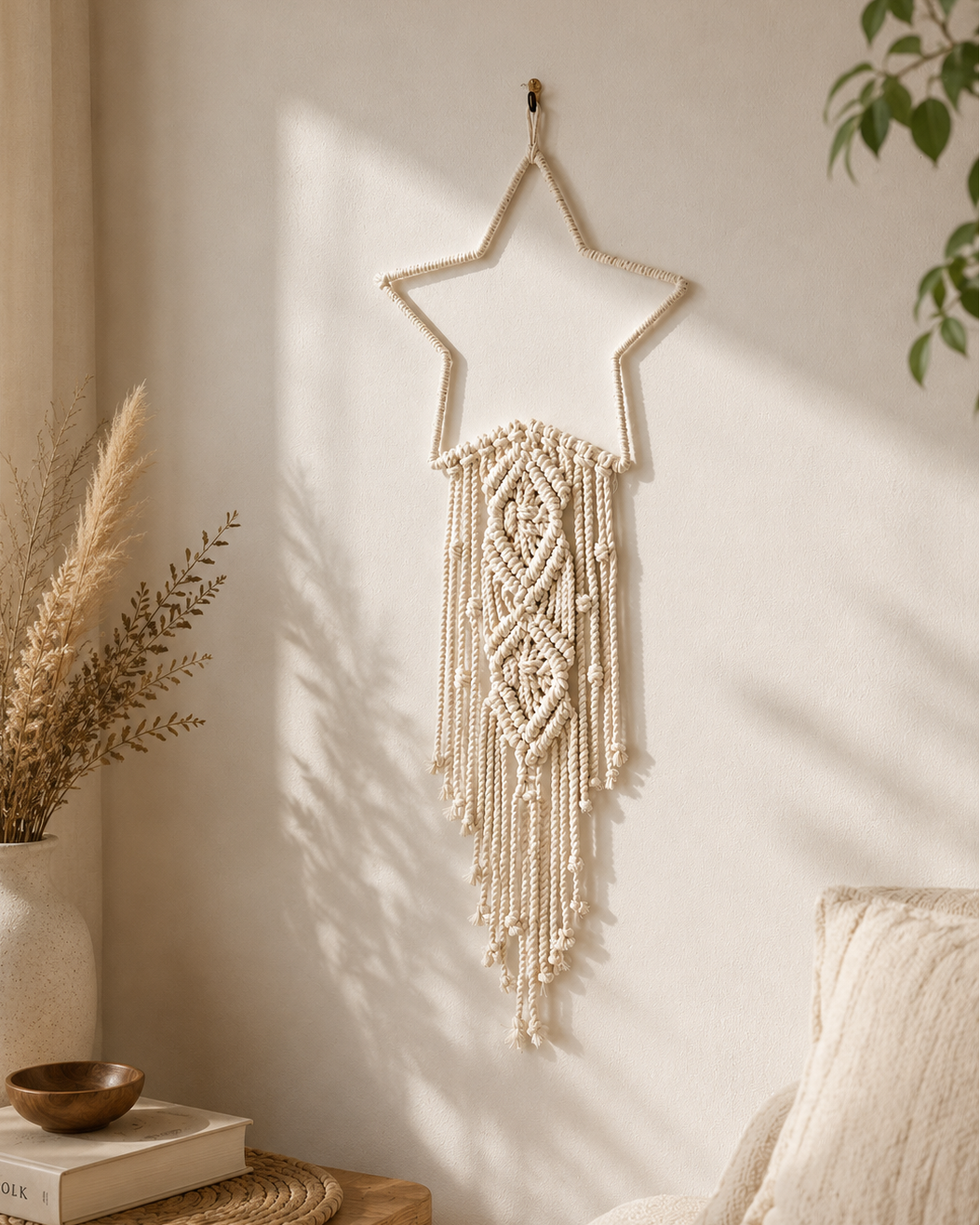 Diamond macrame star wall hanging styled as boho bedroom wall decor
