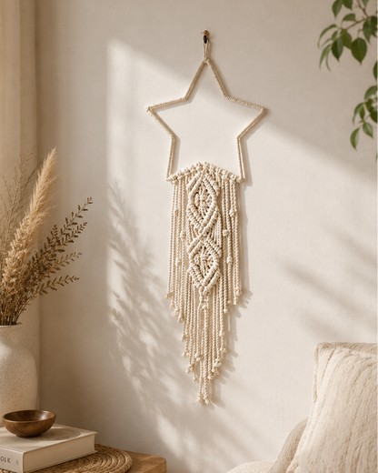 Diamond macrame star wall hanging styled as boho bedroom wall decor