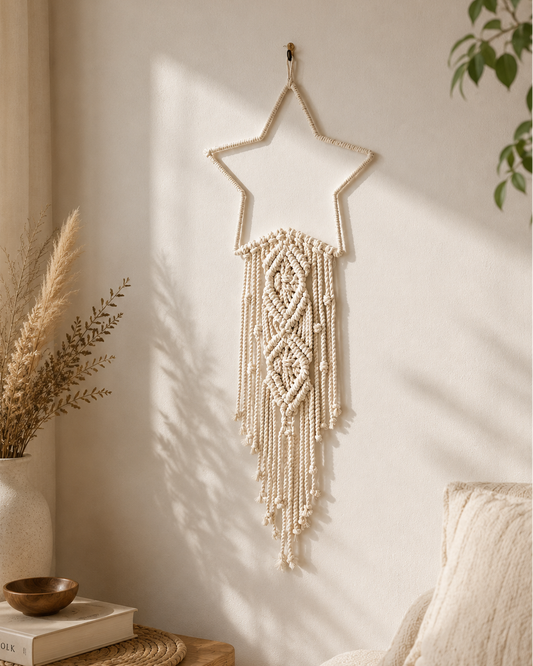 Diamond macrame star wall hanging styled as boho bedroom wall decor