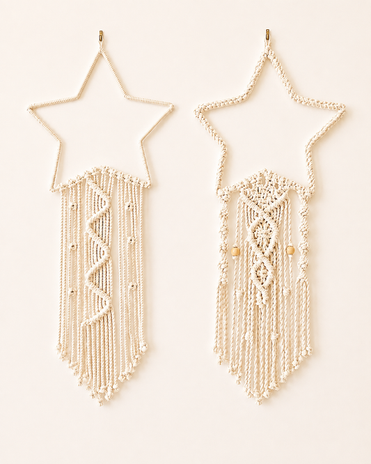 Two handmade macrame star wall hangings in Zigzag and Beaded styles