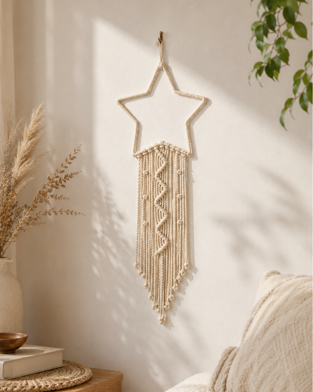 Zigzag macrame star wall hanging styled as boho bedroom wall decor