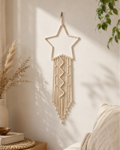 Zigzag macrame star wall hanging styled as boho bedroom wall decor