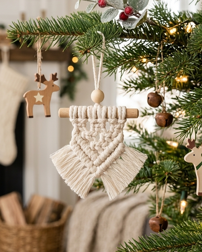 Off-white mini macrame Christmas ornament hanging on a pine tree branch with warm fairy lights and cosy holiday decor.