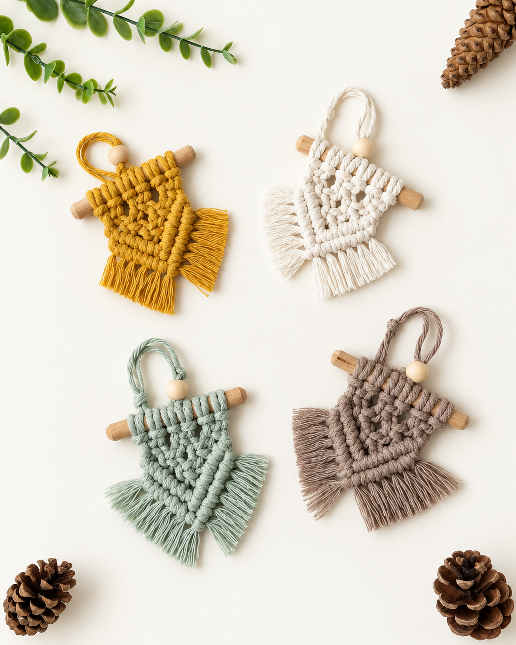 Handmade mini macrame Christmas ornaments in off white, mustard, sage green and light brown
