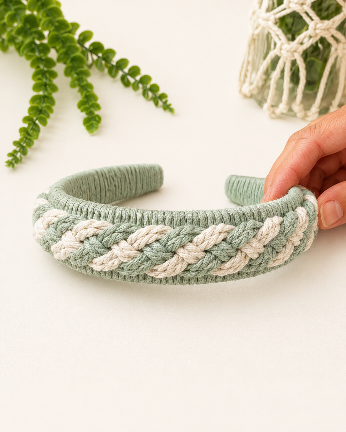 Handmade mint green and off-white braided macrame headband