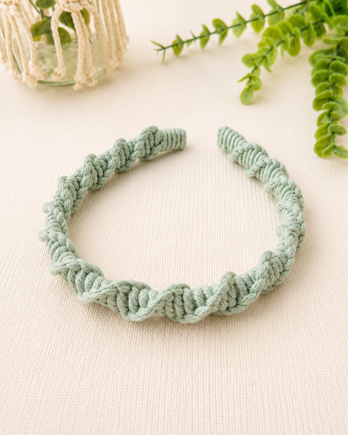 Mint green handmade spiral macrame headband