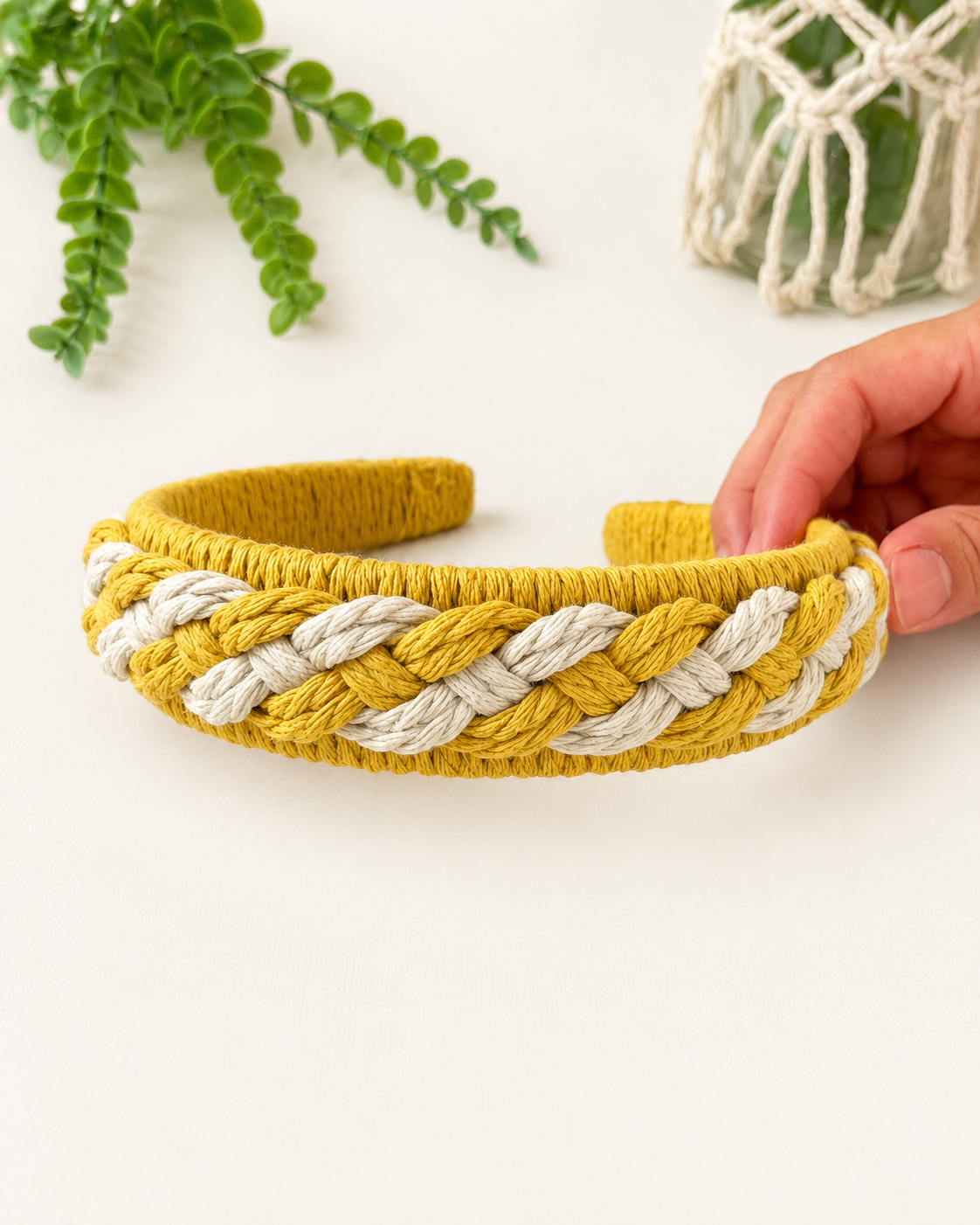 Handmade mustard and off-white braided macrame headband