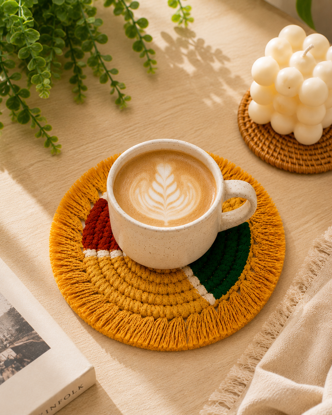 Mustard geometric macramé coaster with fringe under a coffee cup beside a candle, handmade cotton boho coaster by Samra Knots.