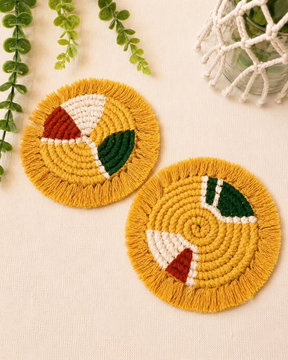 Set of 2 handmade mustard geometric macramé coasters with fringe edges, cotton coffee coasters for boho home decor.