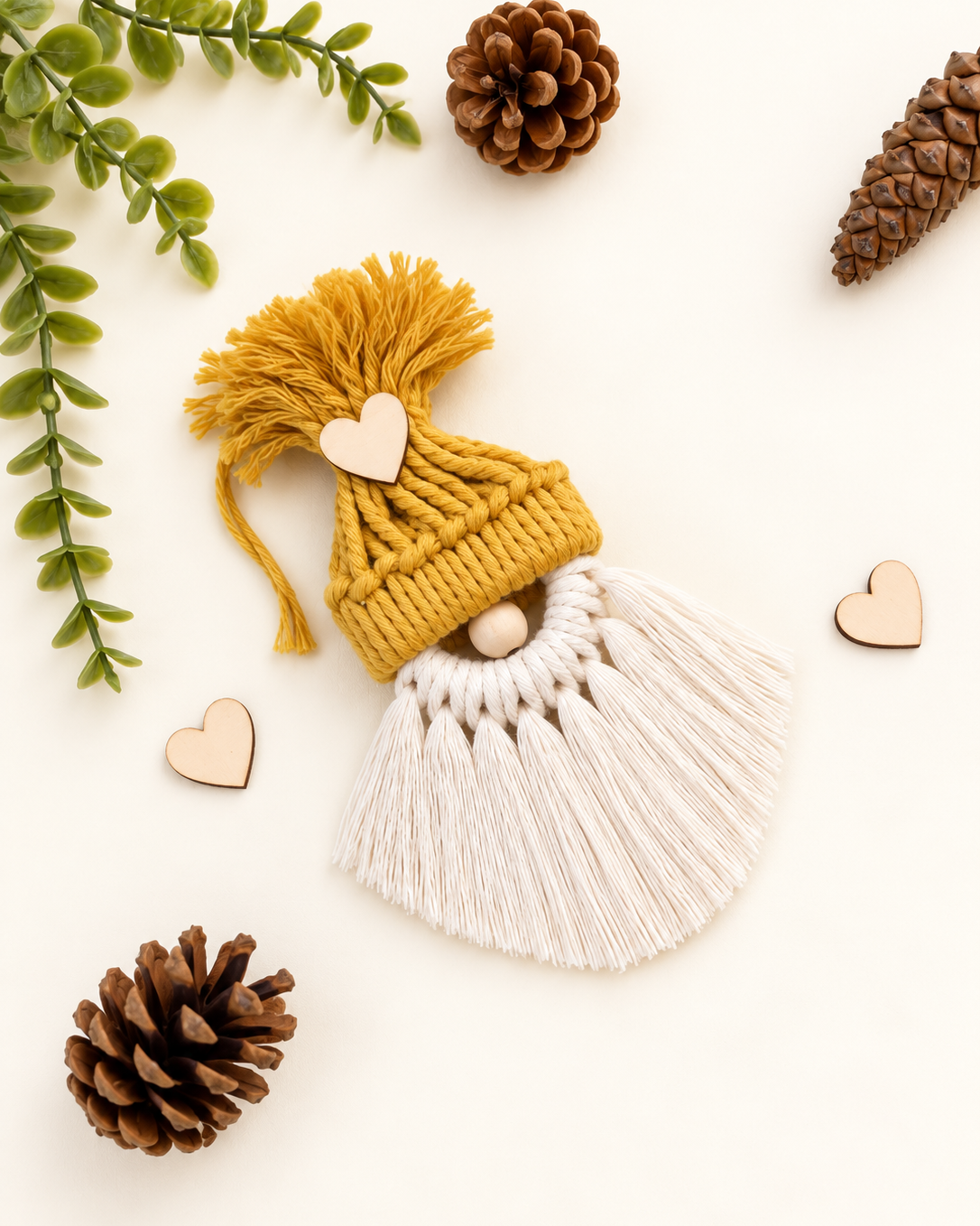 Handmade mustard macrame gnome Christmas ornament