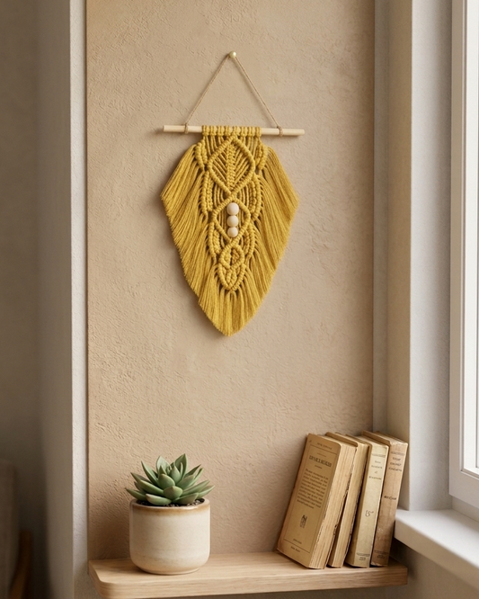 Small mustard macrame leaf wall hanging displayed in a cosy boho home interior