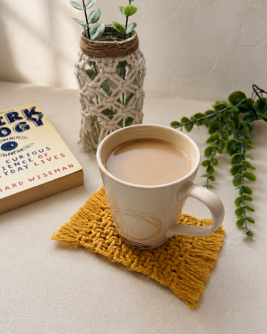 Handmade mustard macrame mug rug coaster for coffee and tea.