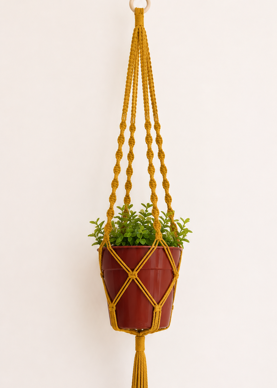 Mustard yellow macrame plant hanger handmade with cotton cord and wooden ring, featuring spiral and square knot details with a terracotta pot on an off-white background.