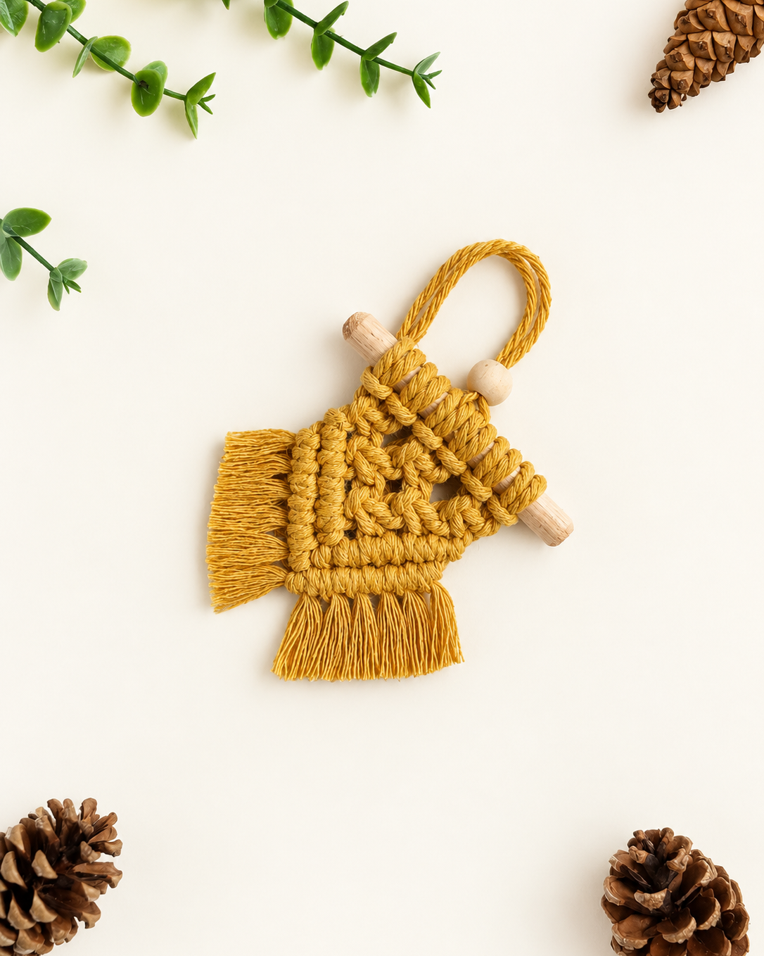 Handmade mustard mini macrame Christmas tree ornament