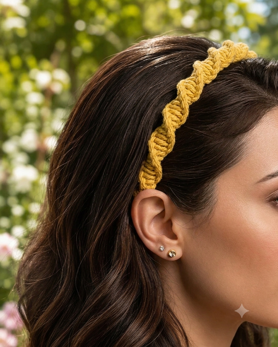 Woman wearing a mustard spiral macrame headband