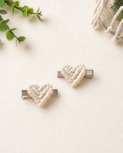 Set of two handmade natural cotton macrame heart hair clips.