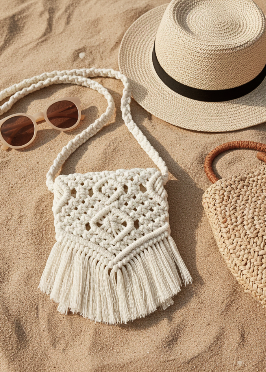 Boho macramé fringe bag styled on sandy beach with summer accessories