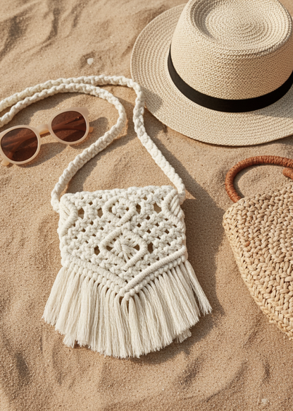 Boho macramé fringe bag styled on sandy beach with summer accessories