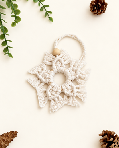 Handmade off white macrame snowflake Christmas ornament with wooden bead