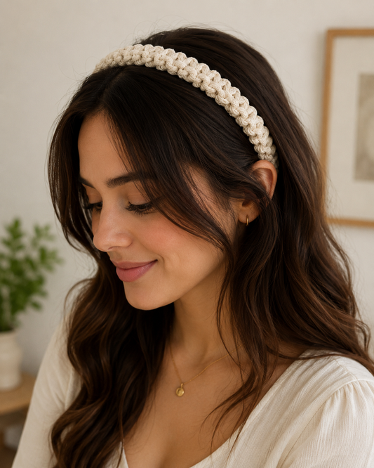 Woman wearing an off white handmade macrame square knot headband with a textured cotton cord design.