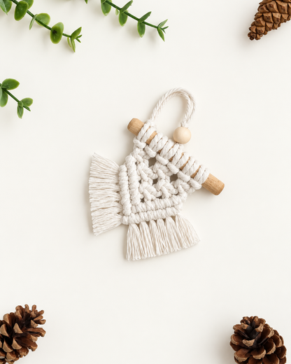 Handmade off white mini macrame Christmas tree ornament