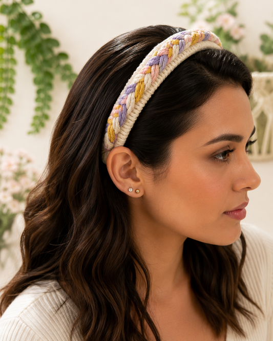 Woman wearing a handmade pastel braided macrame headband with wrapped cotton base