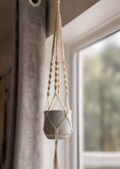 Macrame plant hanger with a concrete pot hanging in front of a window.