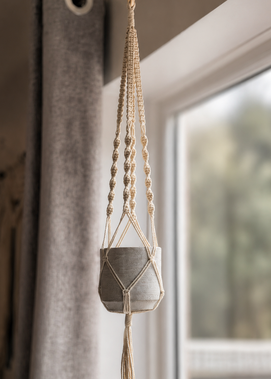 Macrame plant hanger with a concrete pot hanging in front of a window.