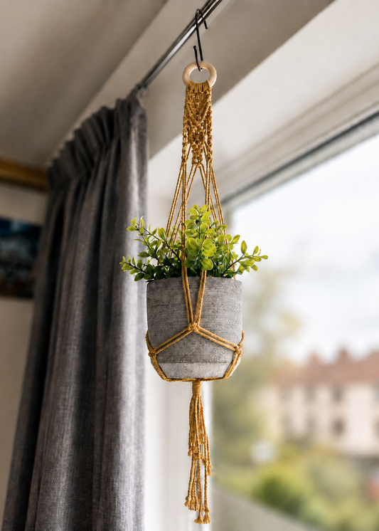 Hanging plant in a decorative pot with a gold macrame hanger against a blurred window background.