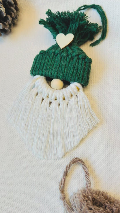 Handmade macrame gnome Christmas ornaments in six festive colours