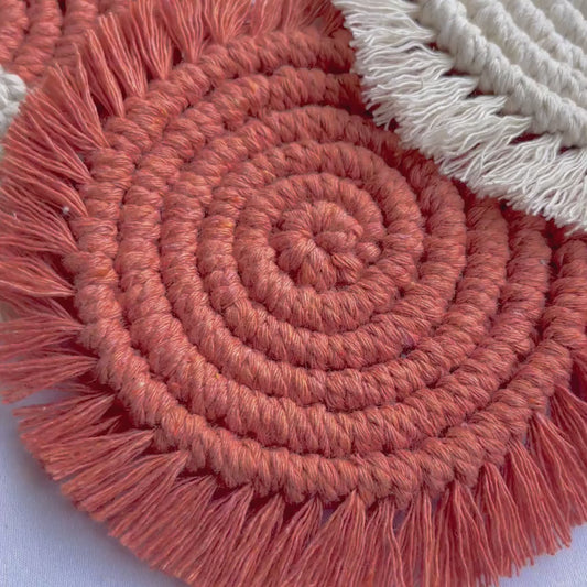 Close-up video of handmade macramé coaster set