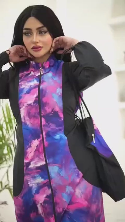 Plus Size Burkini Swimwear Set with Abstract Print & Matching Carry Bag