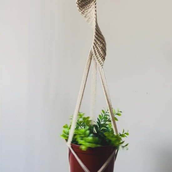 Video showing a handmade twisted macrame plant hanger with indoor potted plant