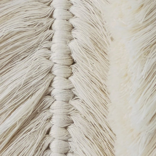 Handmade Egyptian cotton macrame feather wall hanging showing detailed knotting and brushed texture