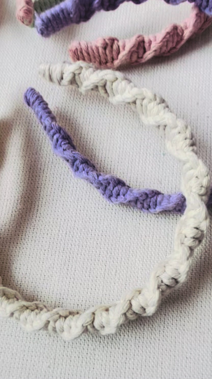 Handmade spiral macrame headbands in colourful cotton cord