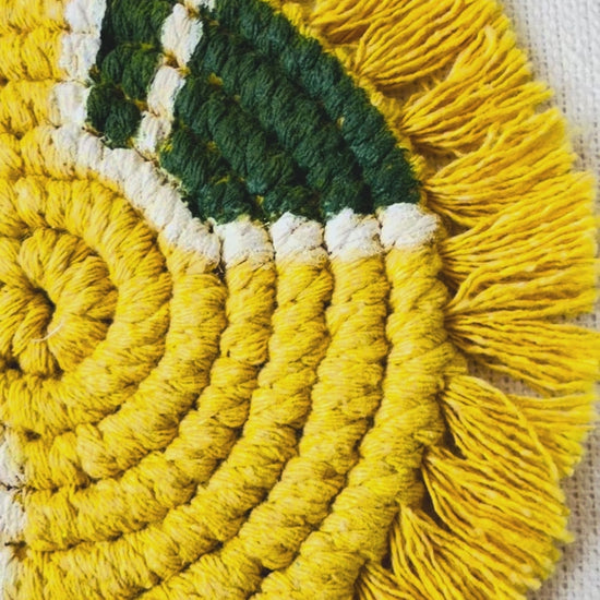 Handmade mustard geometric macramé coasters set of 2, cotton coffee coasters with fringe for boho home decor.