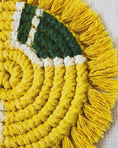 Handmade mustard geometric macramé coasters set of 2, cotton coffee coasters with fringe for boho home decor.