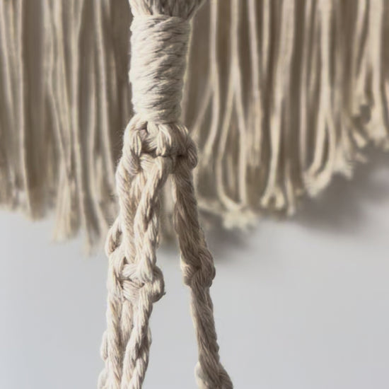 Handmade macrame plant hanger showing detailed cotton knots and hanging design