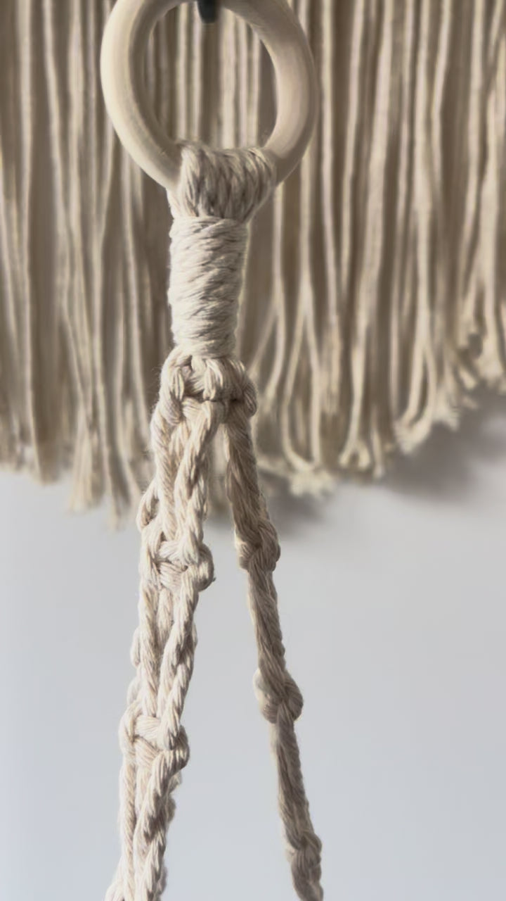 Handmade macrame plant hanger showing detailed cotton knots and hanging design