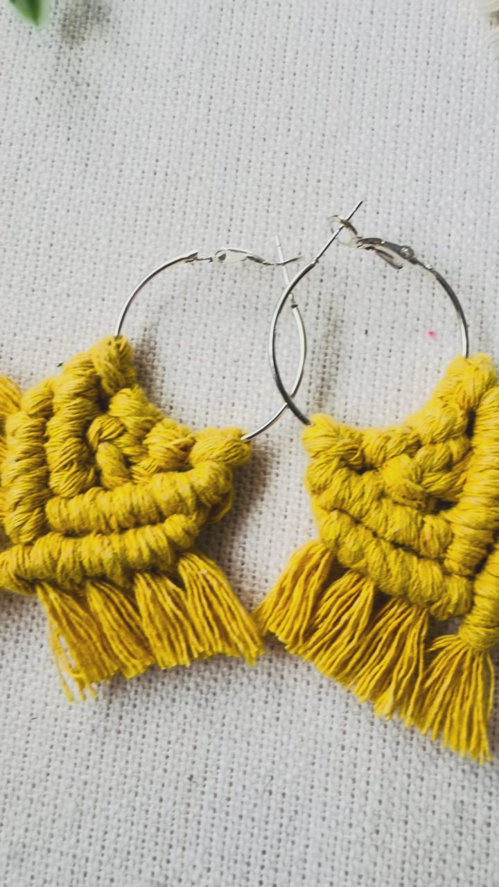 Video showing handmade macrame chevron hoop earrings with close-up details and movement.