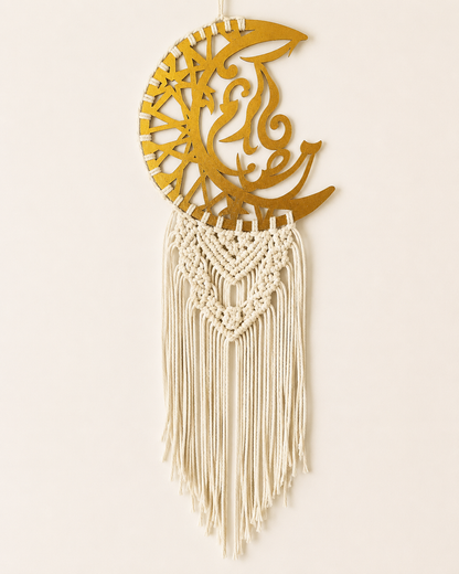 Handmade Islamic macrame wall hanging with a gold Ramadan Kareem crescent and natural cotton fringe.