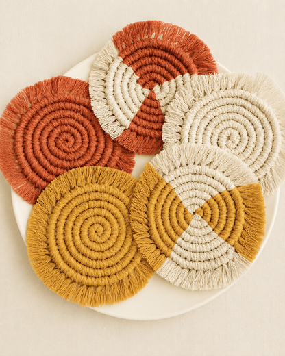 A set of five handcrafted round macramé coasters in terracotta, mustard, and off-white tones, styled on an off-white background. Perfect for boho home decor.