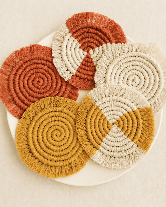 A set of five handcrafted round macramé coasters in terracotta, mustard, and off-white tones, styled on an off-white background. Perfect for boho home decor.