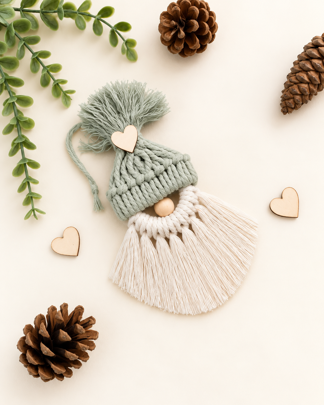 Handmade sage green macrame gnome Christmas ornament