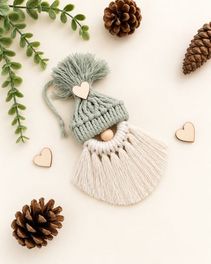 Handmade sage green macrame gnome Christmas ornament