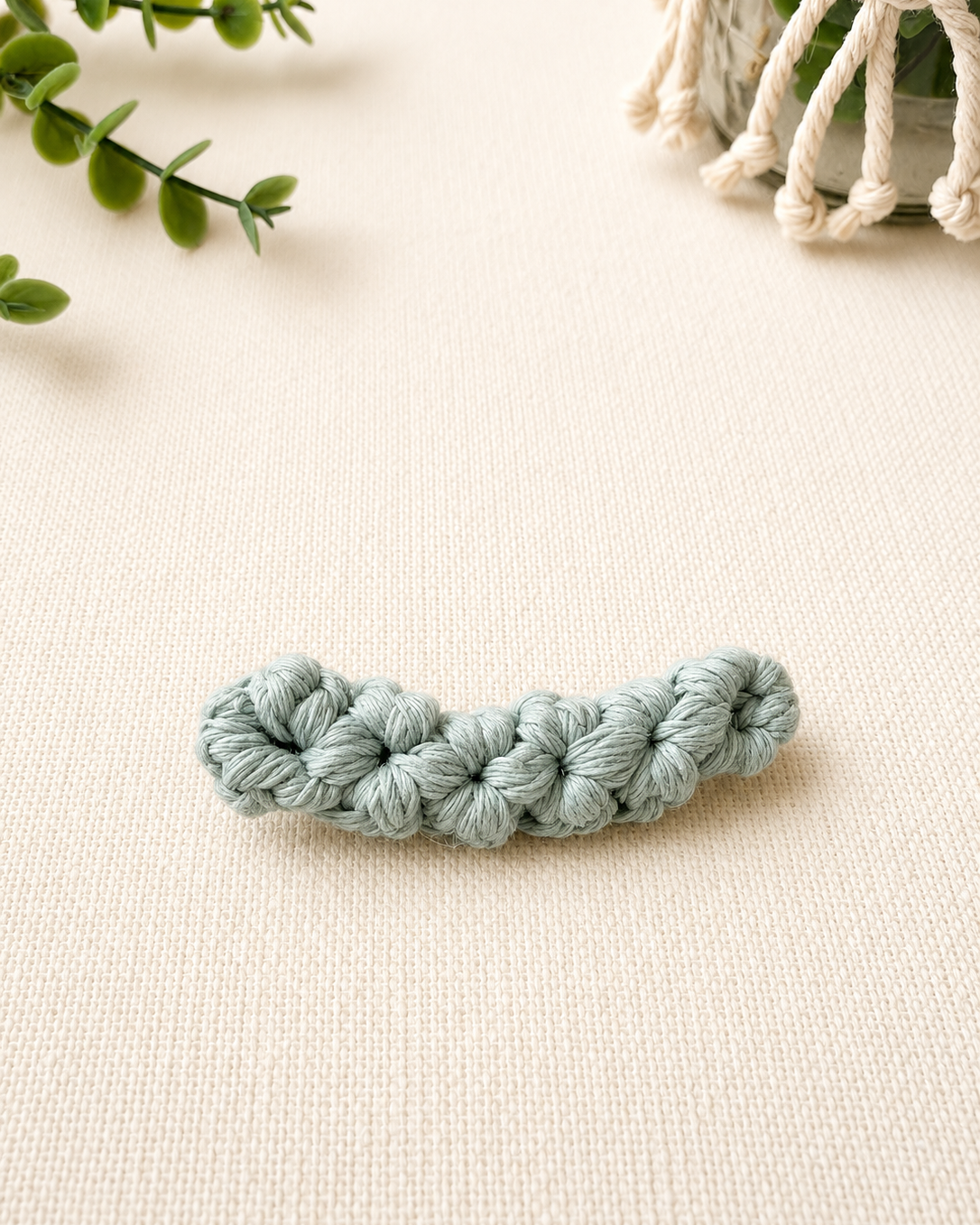 Sage green handmade macrame cotton hair clip.