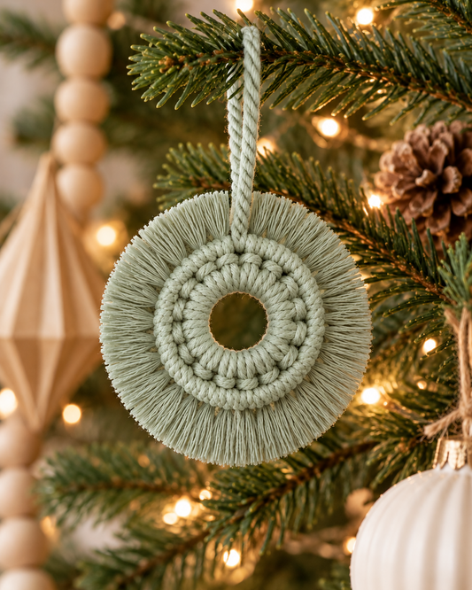 Sage green macrame fringe wreath ornament hanging on a Christmas tree
