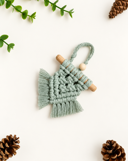 Handmade sage green mini macrame Christmas tree ornament