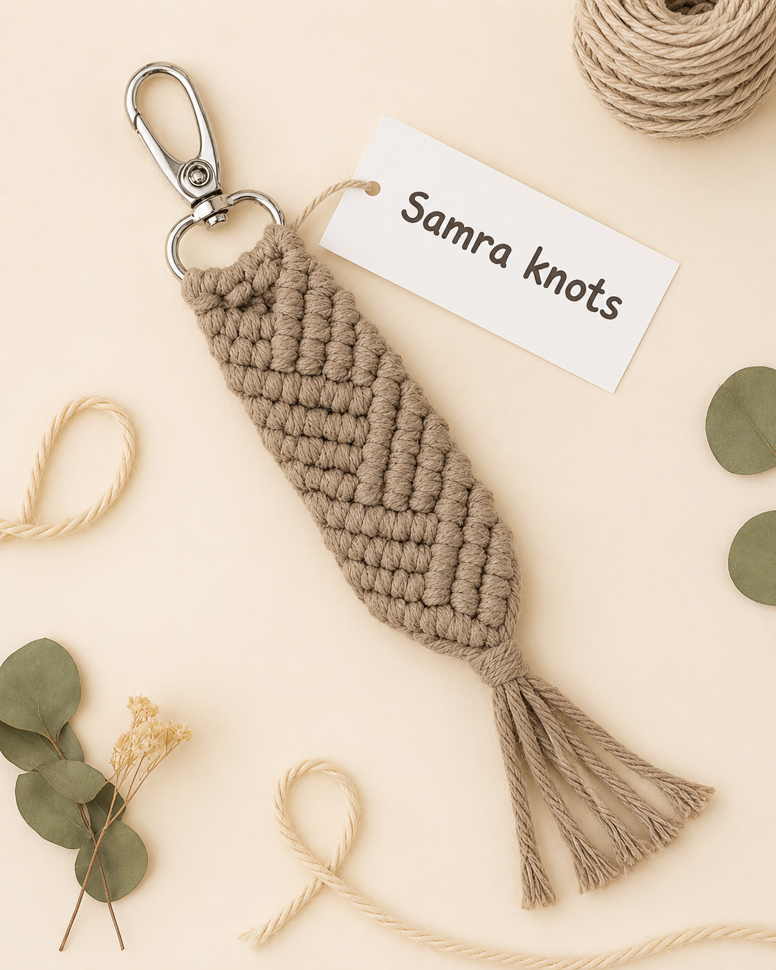 A handmade macrame keychain in a taupe-beige color with a silver metal clasp, shown on a light beige background with decorative eucalyptus leaves, twine, and a paper tag that reads 'Samra knots'.